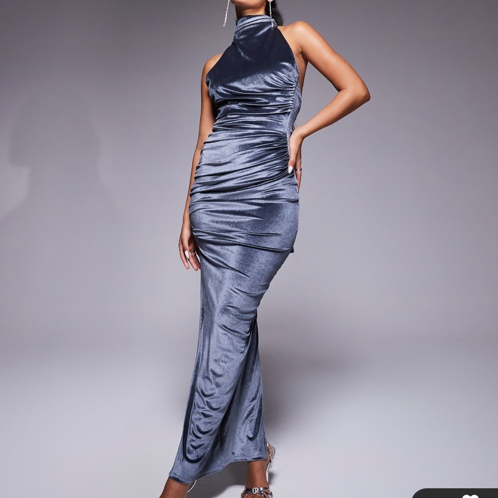ASOS Design Velvet Twist Halter Maxi Dress With Tie Back Neck in Charcoal